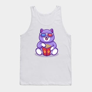 Cute Fat Cat Watching Movie With Popcorn Cartoon Tank Top